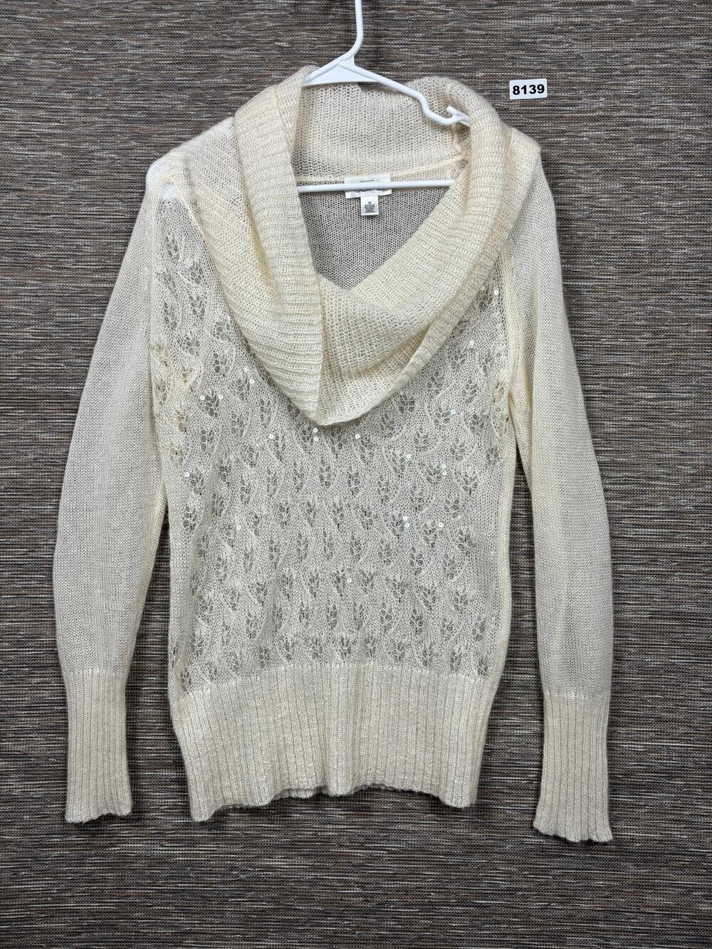 Ann Taylor LOFT Sweater Womens Size M White Open Knit Sequin Cowl Neck Pullover